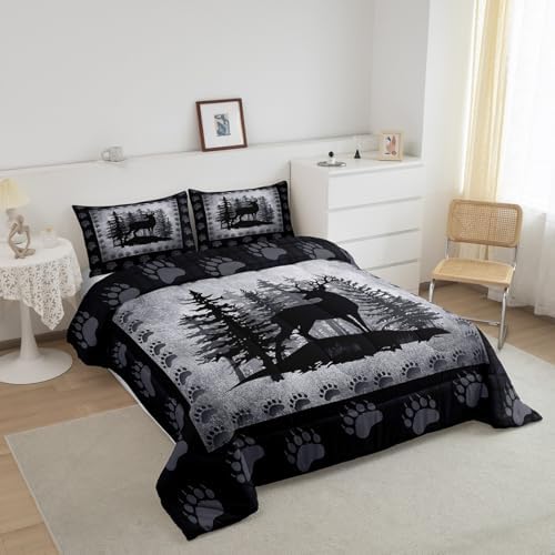 Rustic Deer Full Size Kids Comforter Set,Wild Animal Hunting Lodge Decor Bedding Comforters Bear Paw Print Bedroom Collection,Retro Farmhouse Pine Trees Grid Plaid Bedding Set for Boys Teens - Image 4