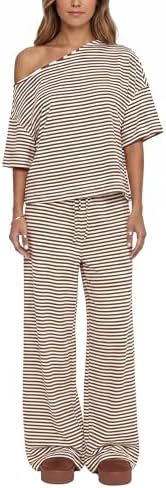 Ythomm Striped Pajama Sets Womens Two Piece Lounge Outfits Short Sleeve Off Shoulder Shirts Drawstring Pants Matching Pj Sets by Ythomm