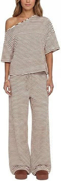 Ythomm Striped Pajama Sets Womens Two Piece Lounge Outfits Short Sleeve Off Shoulder Shirts Drawstring Pants Matching Pj Sets by Ythomm