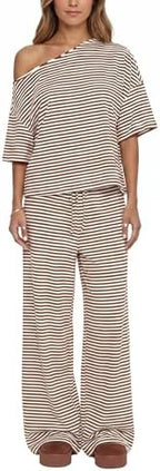 Ythomm Striped Pajama Sets Womens Two Piece Lounge Outfits Short Sleeve Off Shoulder Shirts Drawstring Pants Matching Pj Sets by Ythomm
