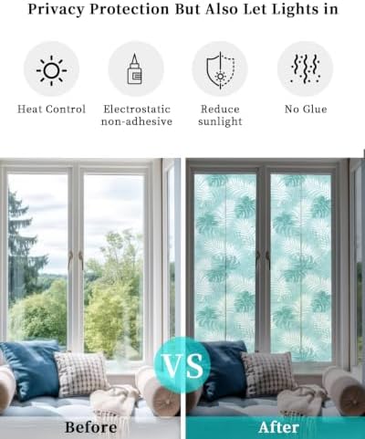 Window Privacy Film Frosted, Teal Green Palm Trees Tropical Reusable Static Cling Window Tints, Summer Beach Botanical Heat Control Windows Films for Offices, Balcony, 29.5 x 118 Inches - Image 6