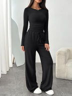Trendy Queen Women's 2 Piece Matching Lounge Set Boat Neck Slim Fitted Top Wide Leg Pants Casual Tracksuits - Image 3
