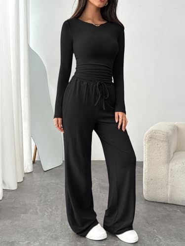 Trendy Queen Women's 2 Piece Matching Lounge Set Boat Neck Slim Fitted Top Wide Leg Pants Casual Tracksuits - Image 3