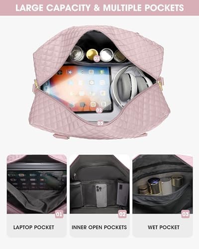 Travel Duffle Bag Weekender Bags: Pink Duffel Bag with Shoe Compartment Carry On Overnight Bag with Wet Pocket Yoga Gym Bags Hospital Bags for Labor and Delivery 3 Pcs Set - Image 2