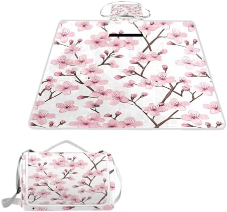 Mnsruu Picnic Blanket Waterproof Foldable, Floral Cherry Blossoms and Branches Pink Large Outdoor Picnic Blanket Beach Blankets Camping Blanket Travel Mat, Shoulder Strap Tote, Rectangle 57x59in by MNSRUU