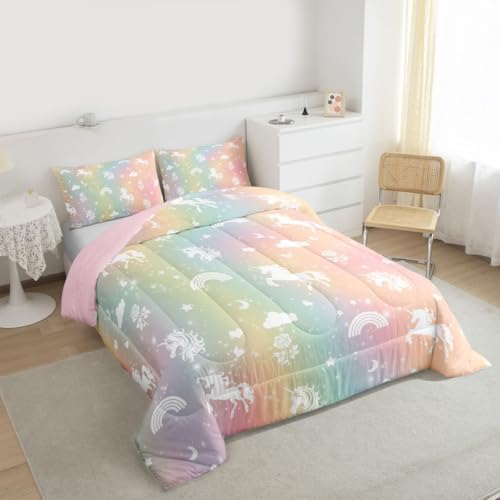 Erosebridal Girls Unicorn Toddler Bedding Set Rainbow Unicorn Comforter Set for Kids Child Ombre Stars Moon Comforter Fantasy Girls Room Decor Rose Flower Duvet Insert Cartoon Kawaii Bed Set - Image 4