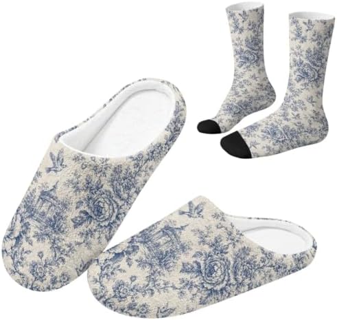 Toile de Jouy Fuzzy Slipper with Socks for Women Cozy Slipper Indoor by Baxinh