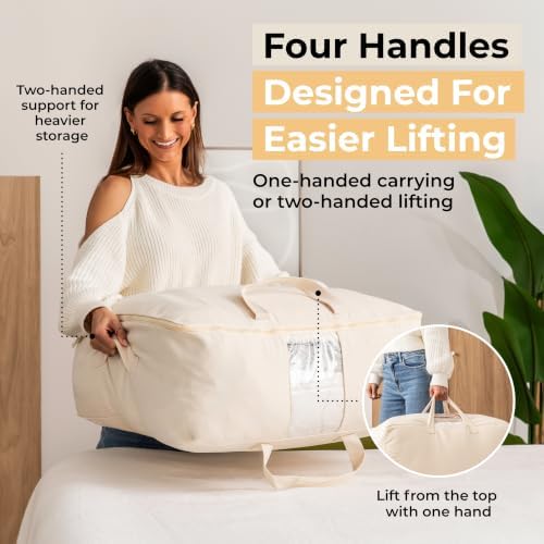 Soft Canvas Storage Bags with Zipper. Thick Breathable, 2pc King/Queen Comforter Organizer. Four Carrying Handles and Window. Large 25x19x9in Bag for Sheets Blankets Bedding Pillows, Clothes - Image 4