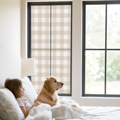 Window Privacy Film Frosted, Farmhouse Plaid Static Cling Door Window Covering, Cream Classic Buffalo Check Rustic UV Blocking Windows Film for Office, Hotel, Bedroom, 29.5 x 78.7 Inches - Image 2