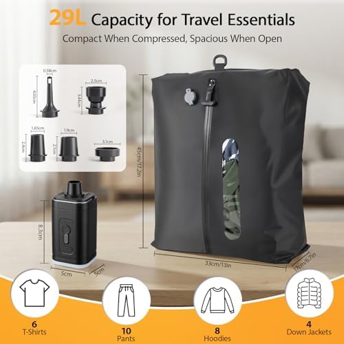 KXB Vacuum Seal Bags for Travel Luggage with Wireless Pump, 29L Compression Bags for Carry-On Suitcase & Travel Backpack, Reusable IP67 Waterproof Vacuum Storage Kit(2PC + PUMP) - Image 3