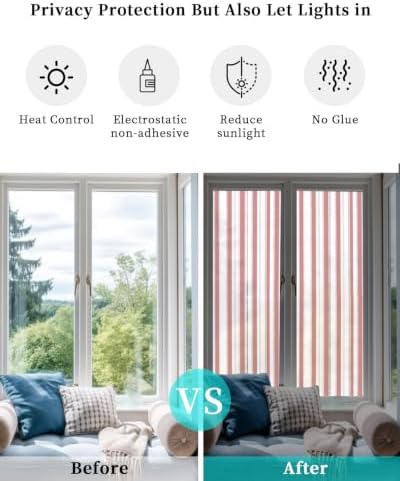 Window Privacy Film Frosted, Pink Red Striped Reusable Static Cling Window Tints, Farmhouse Vertical Stripes Geometric Heat Control Windows Films for Offices, Balcony, 29.5 x 118 Inches - Image 6