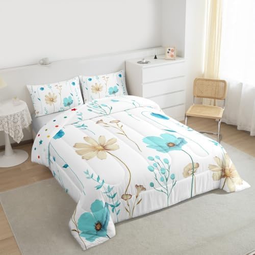 Erosebridal Watercolor Floral Bedding Set Twin Size, Light Blue Beige Flower Comforter Set for Teens Adult Women, White Modern Minimalist Quilt Plant Branches Pastoral Duvet Insert, 1 Pillow Case - Image 3