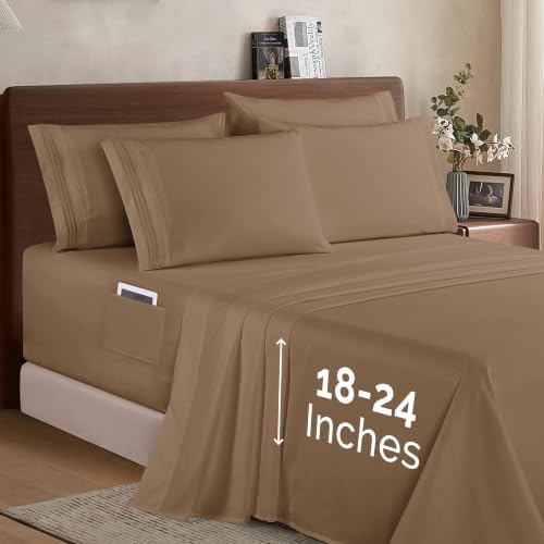 Elegant Comfort 1500 Premium Quality 6-Piece Bed Sheet Set - 18-24 Inch Extra Deep Pocket, Smart Storage Pockets, Wrinkle Free Ultra Soft 6PC Extra Deep Pocket Sheets, Full, Taupe - Image 2