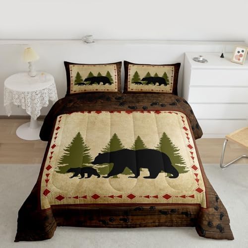 Rustic Farmhouse King Size Bear Paw Print Comforter Set - Wild Bear Bedding, Nature Woodland Decor, Down Comforter & Duvet Insert in Brown & Green - Image 2