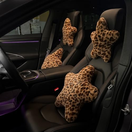 4 Pack Cute Yellow Star Car Headrest Pillow and Back Support Pillow Plush Car Neck Pillows for Driving Soft Star Shaped Throw Pillow for Car Interior Decor (Leopard Print) by Unknown