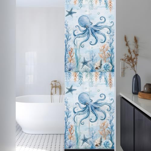 Window Privacy Film Frosted, Coastal Octopus Reusable Static Cling Window Tints, Blue Ocean Coral Summer Beach Seaweed Heat Control Windows Films for Offices, Balcony, 29.5 x 118 Inches - Image 3