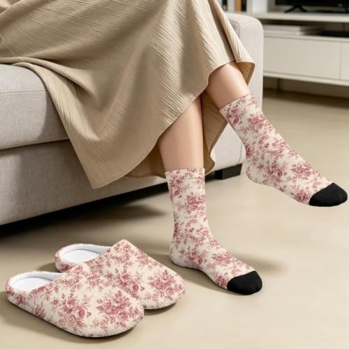 Toile de Jouy Fuzzy Slipper with Socks for Women Cozy Slipper Indoor - Image 4