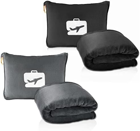 EverSnug Travel Blanket and Pillow Value Bundle - 2 in 1 Airplane Blanket with Soft Bag Pillowcase, Hand Luggage Sleeve and Backpack Clip | Color Includes Black & Grey by EverSnug