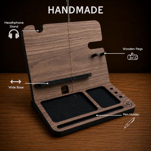 Namore Wood Phone Docking Station for Men – Nightstand & Desk Organizer with Valet Tray for Wallet, Watch & Keys – Bedside Organizer Gift for Husband or Dad - Image 3