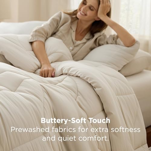 Bedsure Full Size Comforter - Comforter Full for All Season, Ultra-Soft Quilted Down Alternative Duvet, Blanket for Bed, Prewashed Duvet Insert with 4 Tabs, Machine Washabl, Cream, 86x82 in - Image 3