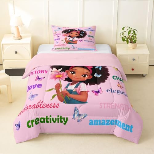 Erosebridal Black Girls Magical Bedding Set Butterflies Inspirational Quotes Toddler Comforter Set African American Comforter Afro Black Princess Girl Duvet Insert for Nursery Kids Pink Room Decor by Erosebridal