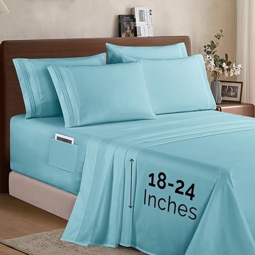 Elegant Comfort 1500 Premium Quality 6-Piece Bed Sheet Set - 18-24 Inch Extra Deep Pocket, Smart Storage Pockets, Wrinkle Free Ultra Soft 6PC Extra Deep Pocket Sheets, Full, Aqua - Image 2