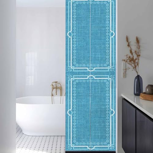 Window Privacy Film Frosted, Azure Blue Botanical Reusable Static Cling Window Tints, Vintage Florals Geometric Minimalist Heat Control Windows Films for Offices, Balcony, 29.5 x 118 Inches - Image 3