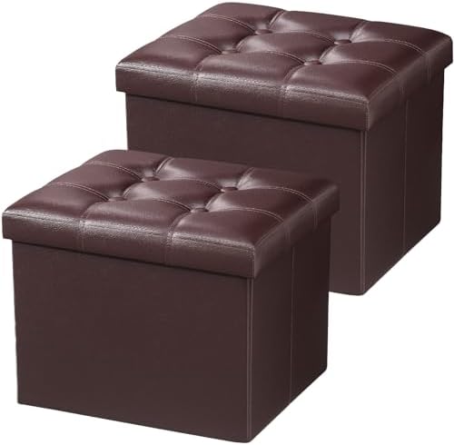 AmasSmile Ottoman with Storage,Folding Stool,17" Leather,Brown 2 Pack by AmasSmile