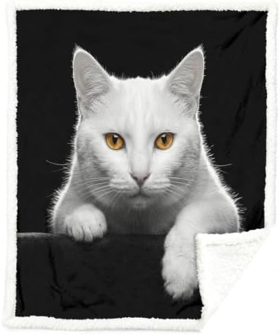 White Cat Sherpa Blanket Animal Print Throw Blanket for Women and Men Soft Warm Cozy 50x60 Inches Cute Minimal Design Bedroom Couch Decor Gift for Birthday Housewarming Anniversary by Sleepwish