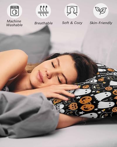 Halloween King Pillow Cases Set of 2 - Microfiber Bed Throw Pillow Covers, Orange Pumpkin White Ghost Skeleton Black Decorative Lumbar Pillow Cover with Envelope Closure for Sofa/Travel 20"x36" - Image 4
