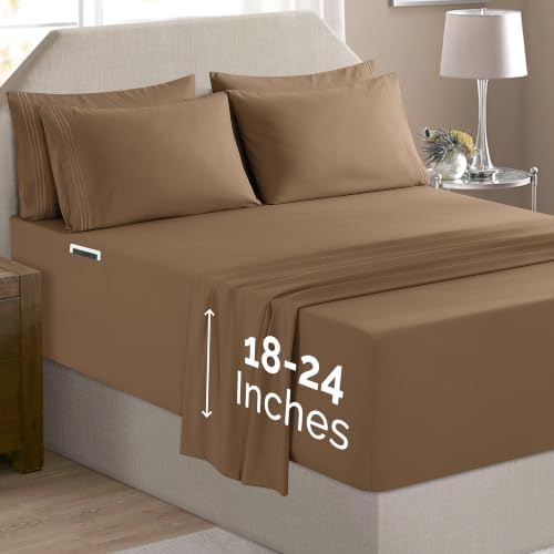 Elegant Comfort Luxury Soft 6-Piece 1500 Premium Hotel Quality Bed Sheet Set with Extra Deep Pockets 18-24 Inch, Wrinkle Free, Storage Pockets, Extra Deep Pocket 6PC Sheets, Queen, Tan - Image 2