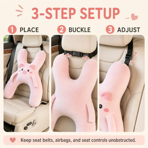 Ride Nuzzle Pillow, Plush Animal Car Travel Cushion with Adjustable Headrest Strap for Passenger Seats，Pink - Image 4