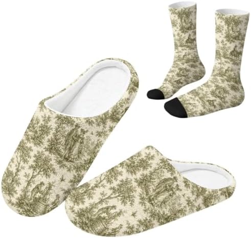 Toile de Jouy Fuzzy Slipper with Socks for Women Cozy Slipper Indoor by Baxinh