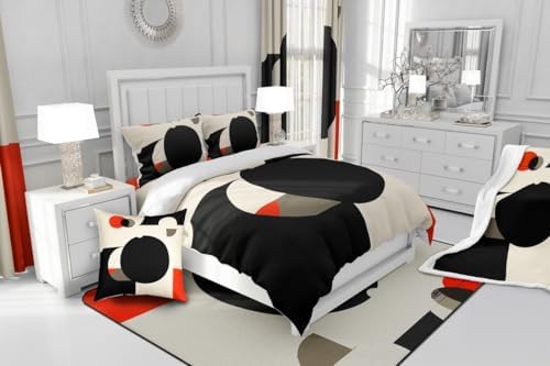 Erosebridal Retro Red Black and Gray Comforter Set Twin Size,Abstract Geometric Aesthetic Bedding Set for Kids Adults Bedroom Decor,Circle Square Quilt Bed Set Down Comforter 2Pcs - Image 6