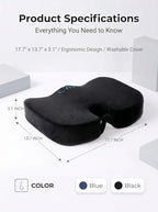 CYLEN Home Office Seat Cushion – Memory Foam Chair Cushion with Gel-Infused Material for Tailbone & Coccyx Pain Relief, Non-Slip Bottom, Machine Washable Cover – for Car, Wheelchair(Matte Black) - Image 2