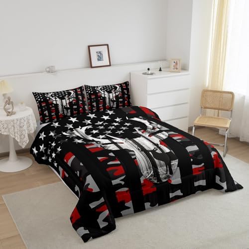 Camo American Flag Full Size Comforter Sets for Kids,Deer Antlers Red Camouflage Bedding Flags for Room Teens,Wild Animal Hunting Farm Branches Leaves Stars Stripes USA Flag Down Comforter - Image 5