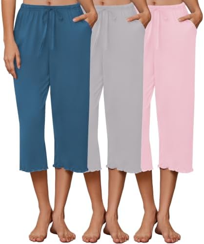 Ekouaer 3 Pack Women Capri Pajama Pants Lounge Pants Pj Bottom with Pockets by EKOUAER