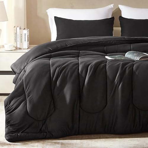 SLEEP ZONE Queen Size Comforter Set, Breathable Jersey Knit Soft Duvet Insert Set 3 Pieces Bedding Sets for Bedroom All Season, Black by SLEEPZONELIFE
