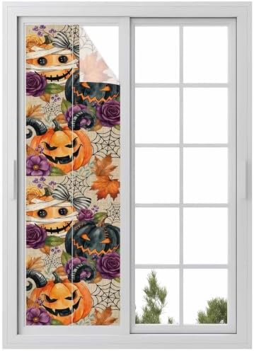 Window Privacy Film Frosted, Pumpkins Halloween Reusable Static Cling Window Tints, Black Horror Purple Floral Beige Heat Control Windows Films for Offices, Balcony, 29.5 x 118 Inches by Unknown