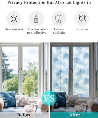 Window Privacy Film Frosted, Sky Blue Palm Trees Tropical Reusable Static Cling Window Tints, Summer Beach Botanical Heat Control Windows Films for Offices, Balcony, 29.5 x 118 Inches - Image 6