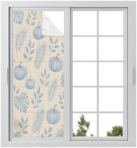 Window Privacy Film Frosted, Blue Pumpkins Fall Static Cling Door Window Covering, Thanksgiving Tropical Palm Rustic UV Blocking Windows Film for Office, Hotel, Bedroom, 29.5 x 78.7 Inches by Unknown