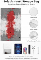 Sofa Armrest Organizer Bedside Caddy, Red Cement Gray Non Slip Couch Remote Control Holder for Recliner, Modern Abstract Art Red Armchair Caddy with Pocket for Magazine, Phone, 19.7"x35" - Image 2