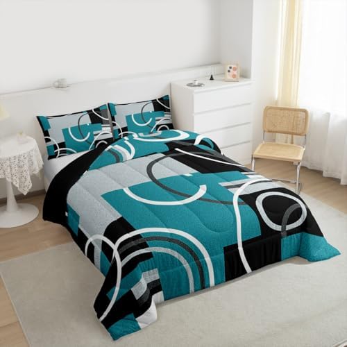 Modern Turquoise Decor Comforter King Geometric Circles Gird Bedding Set For Boys Girls Kids Teens Adult Black Grey Down Comforter Stripe Swirls Duvet Set Modern Graphic Texture Quilted Comforter - Image 3