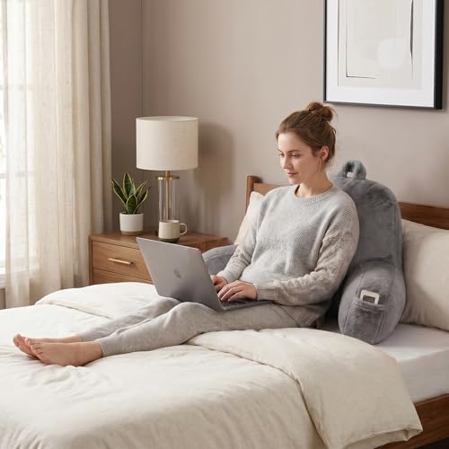 Large Plush Backrest Pillow for Sitting in Bed,Faux Fur,Gray - Image 2