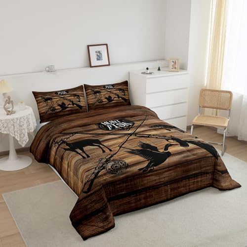 Retro Hunt Fish Comforter Set Twin Size,Retro Farm Wooden Board Quilt Set for Kids Boys Bedroom Collection,Deer Bird Fish Animal Hunting Polyester Bedding with 1 Pillowcase,2Pcs - Image 5