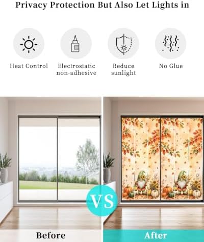 Window Privacy Film Frosted, Thanksgiving Gnomes Static Cling Door Window Covering, Fall Pumpkin Maple Leaves Sunflower UV Blocking Windows Film for Office, Hotel, Bedroom, 29.5 x 78.7 Inches - Image 6