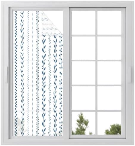 Window Privacy Film Frosted, Modern Minimalist Static Cling Door Window Covering, Light Blue Rustic Leaves Stripes UV Blocking Windows Film for Office, Hotel, Bedroom, 29.5 x 78.7 Inches by Unknown