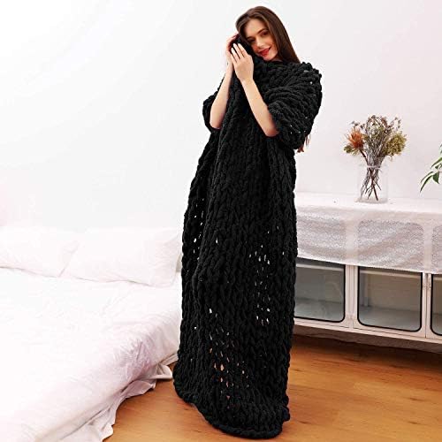 Chunky Knit Throw Blanket Chenille Yarn Soft Cozy Bulky Knitted Blanket for Sofa Bed Chair Large Hand Made Boho Home Decor Black 48x70 - Image 2