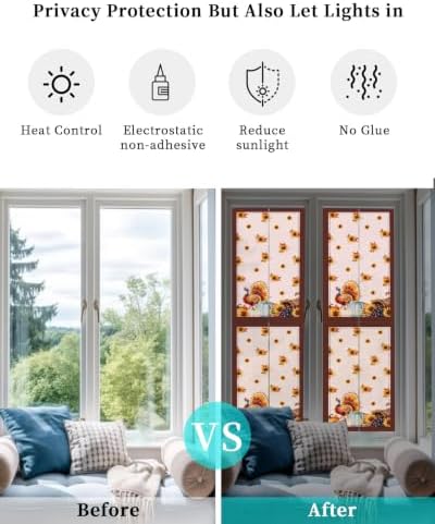 Window Privacy Film Frosted, Thanksgiving Fall Reusable Static Cling Window Tints, Pink Turkey Pumpkin Flowers Stripe Rustic Heat Control Windows Films for Offices, Balcony, 29.5 x 118 Inches - Image 6