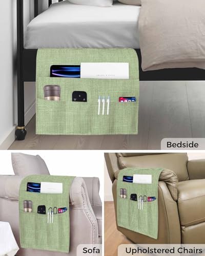 Sofa Armrest Organizer Bedside Caddy, Vintage Sage Green Non Slip Couch Remote Control Holder for Recliner, Farmhouse Retro Beige Solid Color Armchair Caddy with Pocket for Magazine, Phone, 19.7"x35" - Image 5